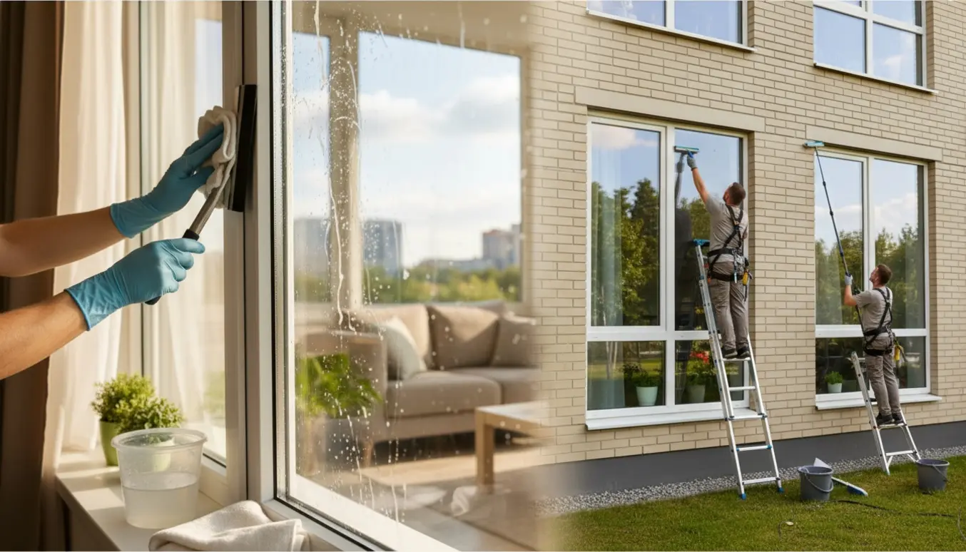 Vinduespudser rengør ruder indefra og udefra med skraber, spand og stige i blødt dagslys.