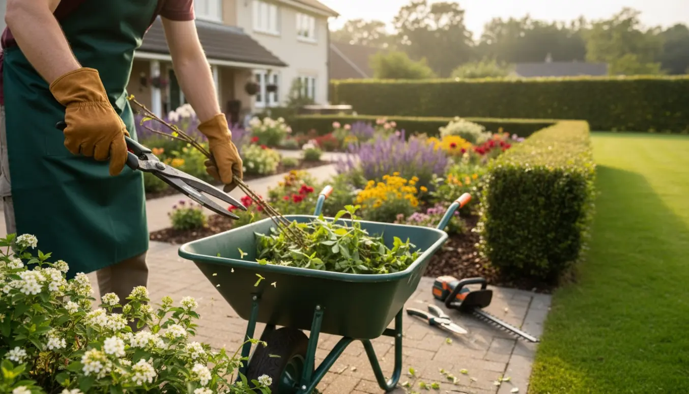 Nærbillede af handskerede hænder, der beskærer en busk foran en nyslået hæk og ordnede blomsterbede.