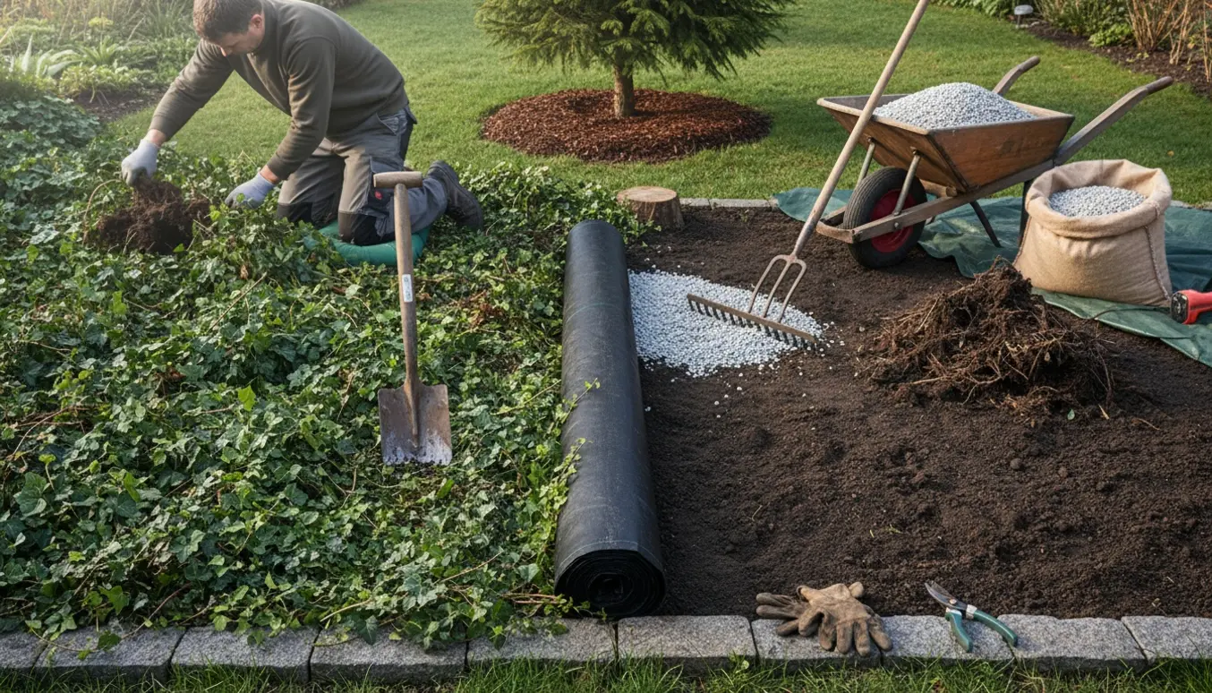 Havearbejde med fjernet bunddække og udlægning af granitskærver omkring et bevaret træ.