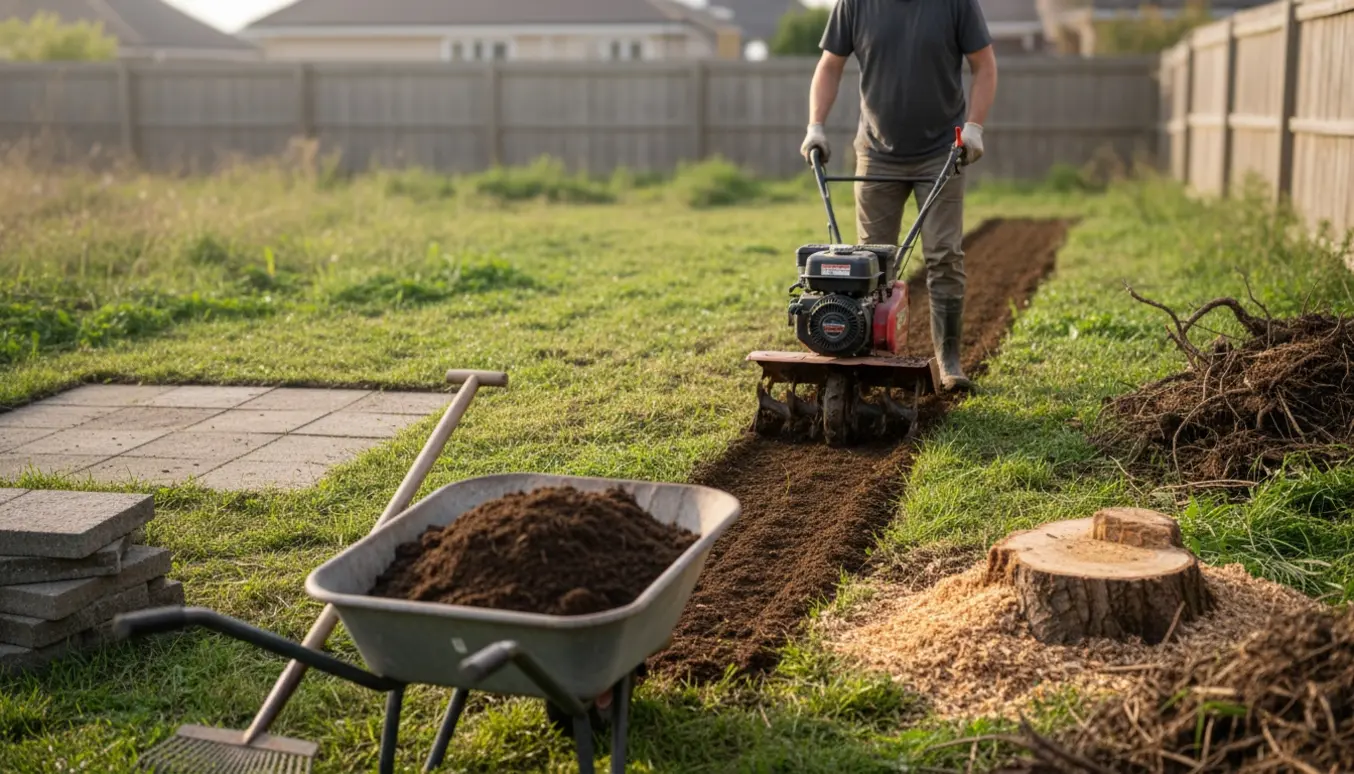 Fræsning af en ujævn græsplæne med frisk muld, bunker af fjernede fliser og en bunke træflis ved en stub.