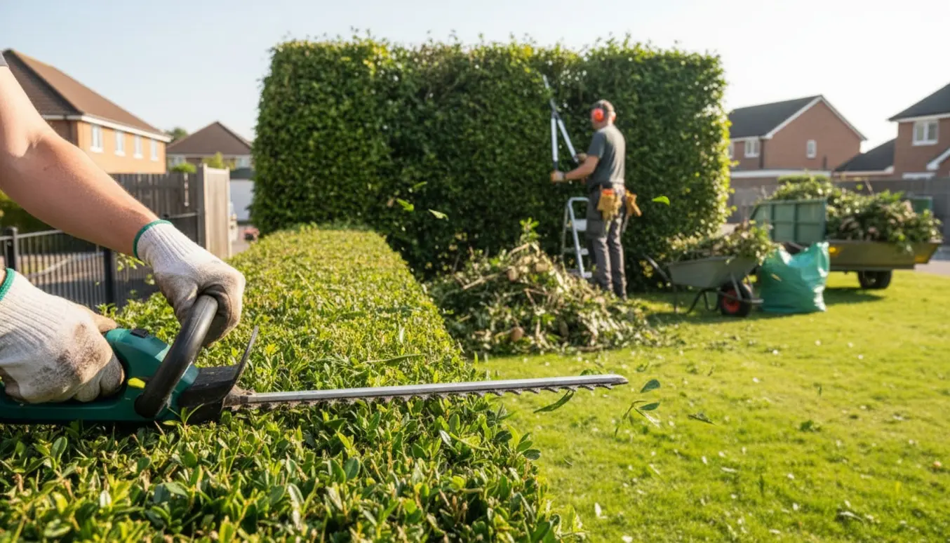 Gartner klipper og rydder to lange hække med hækkeklipper og trillebør fuld af afklip i en solbeskinnet forhave.