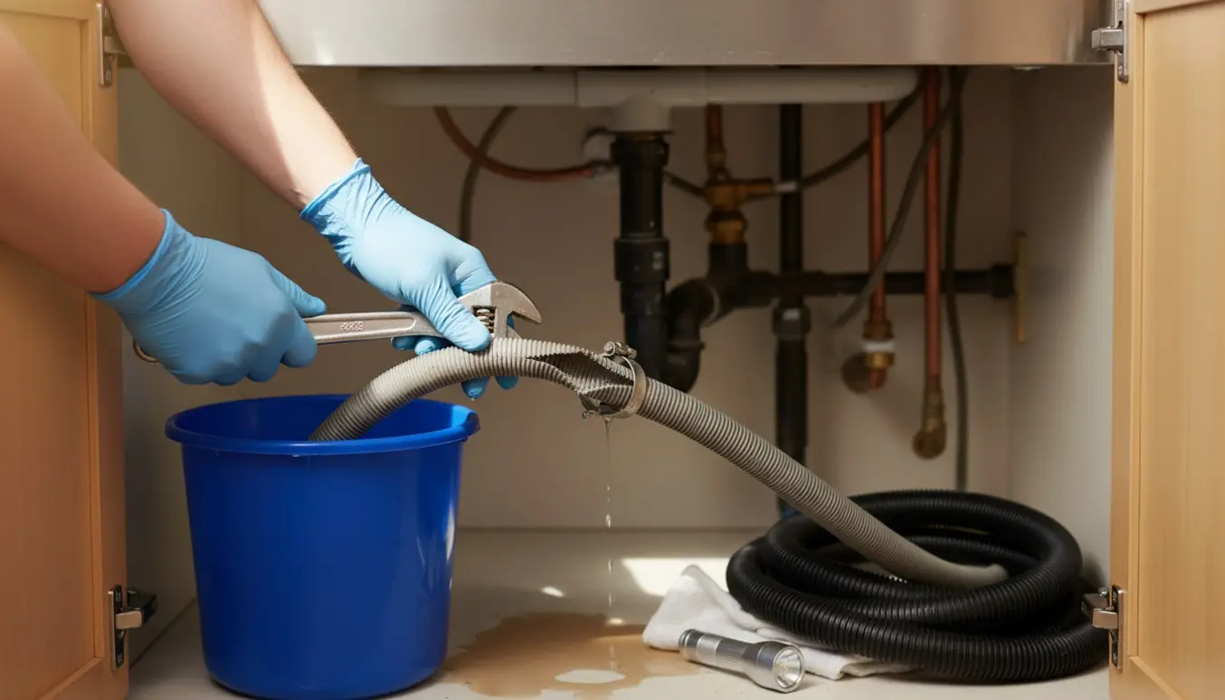 Hænder skifter en revnet opvaskemaskineslange under køkkenvasken med skruenøgle og spand.