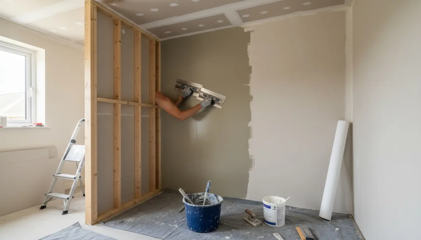 Hænder spartler væg i et lille værelse med roll af filt og værktøj klar på gulvet.