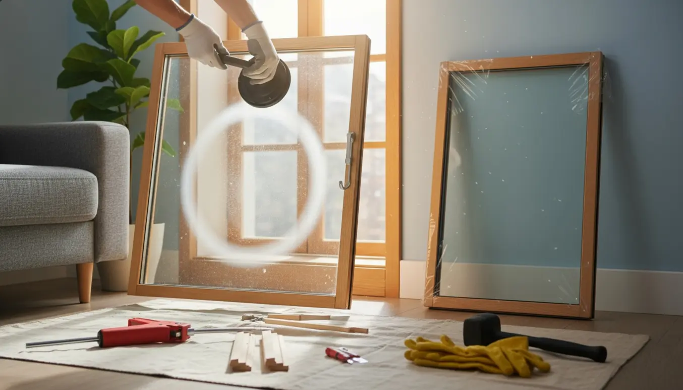 Håndværker fjerner en punkteret termorude fra vinduesrammen i en lys stue med nyt energiglas og værktøj i baggrunden.