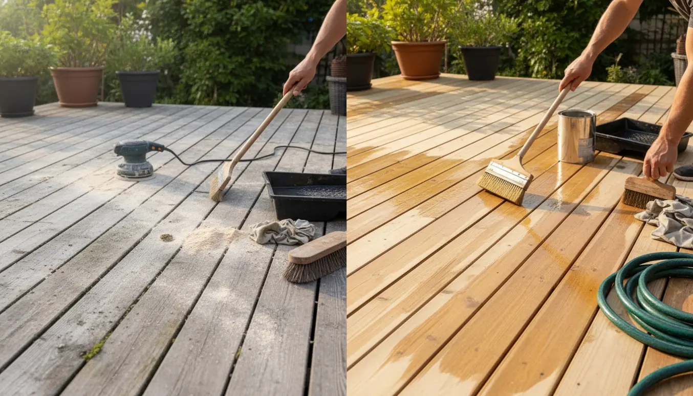 Træterrasse vist før/efter med hænder der påfører træolie i blødt aftenslys.