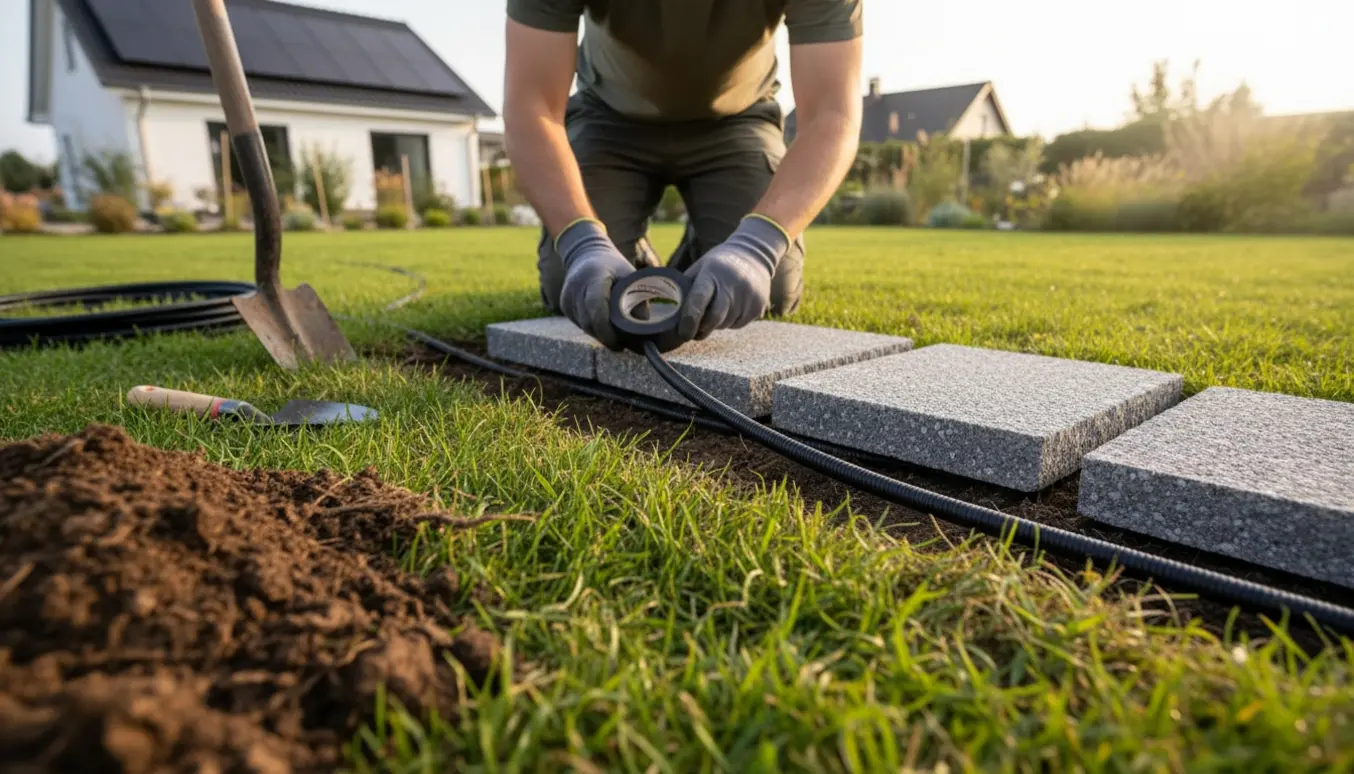 En hånd pakker et solcellekabel ind i en grøft i græsplænen og fører det under tre løftede fliser med kabeldækbånd.