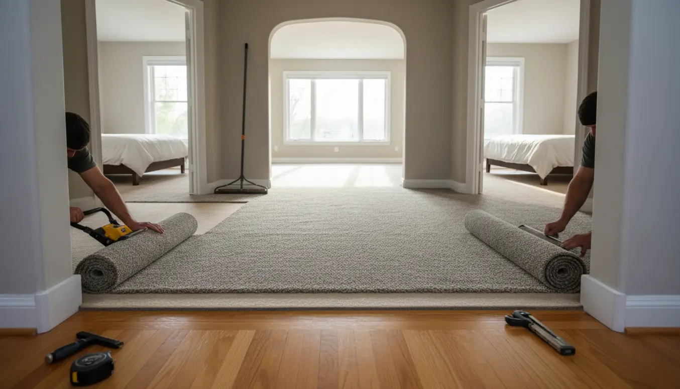 Væg-til-væg-tæppe bliver lagt i tre sammenhængende værelser med tæpperulle og værktøj i fokus.