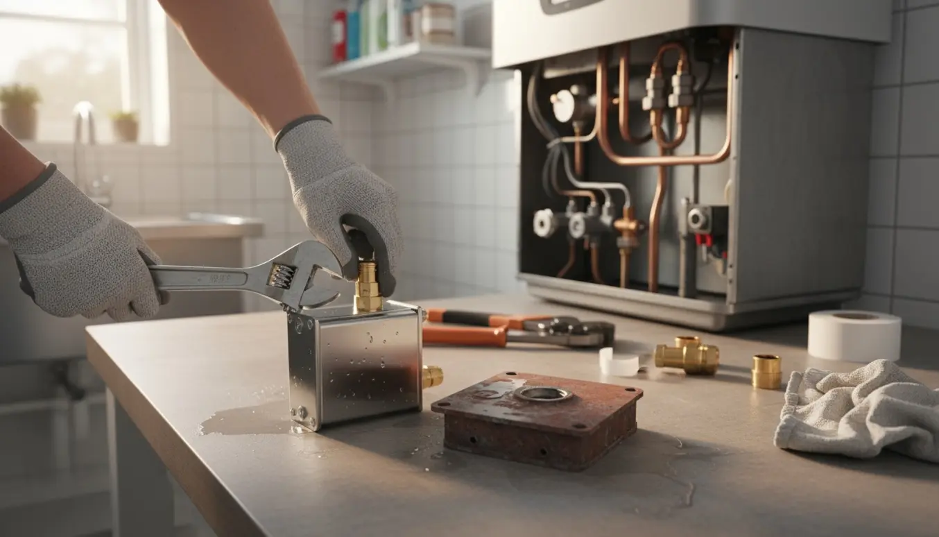 En VVS-montør udskifter en varmeveksler i et lyst og ryddeligt bryggers, med værktøj og en ny varmeveksler klar på arbejdsbordet.