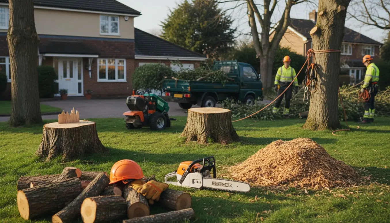 Fældning af seks modne træer i for- og baghave med savet træ, værktøj og arbejdere set bagfra.