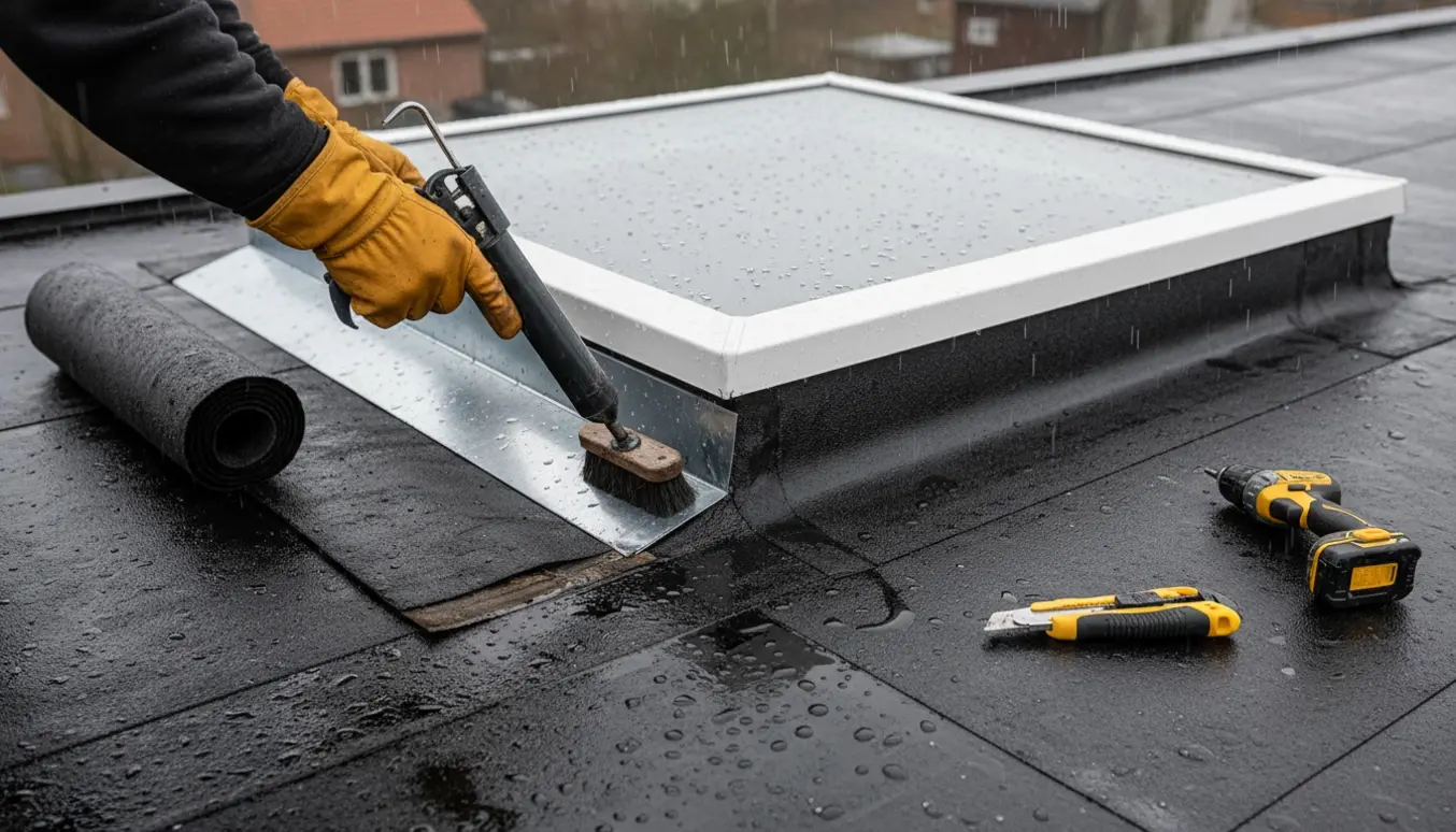 Hænder tætner metalinddækningen omkring et stort ovenlysvindue på et fladt tag i let regn.