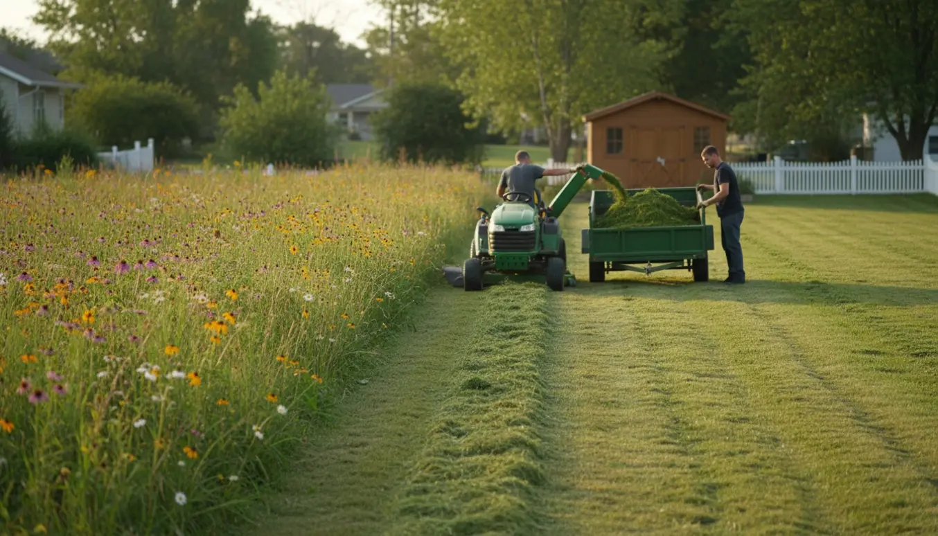 Beskæring og bortkørsel af højt græs i en stor have, med synlig forskel mellem nyklippet græs og vild eng.