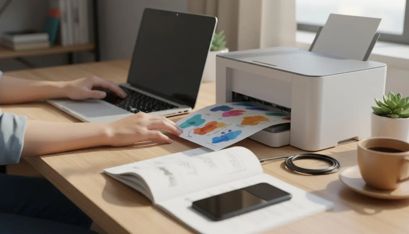 Skrivebord med bærbar pc og printer, hænder tager et frisk print ud.