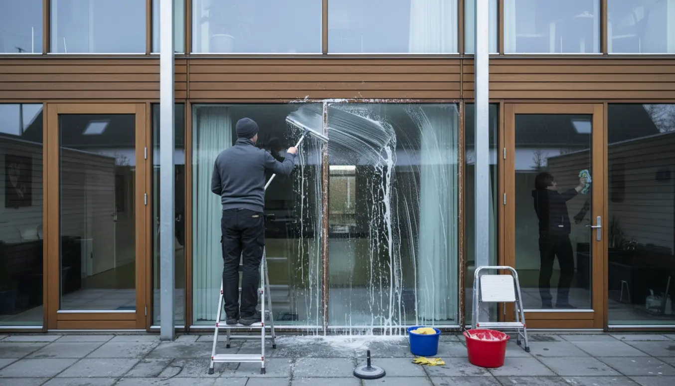 En person pudser store gulv-til-loft-vinduer og glasdøre på et moderne rækkehus, uden tydelige ansigter.