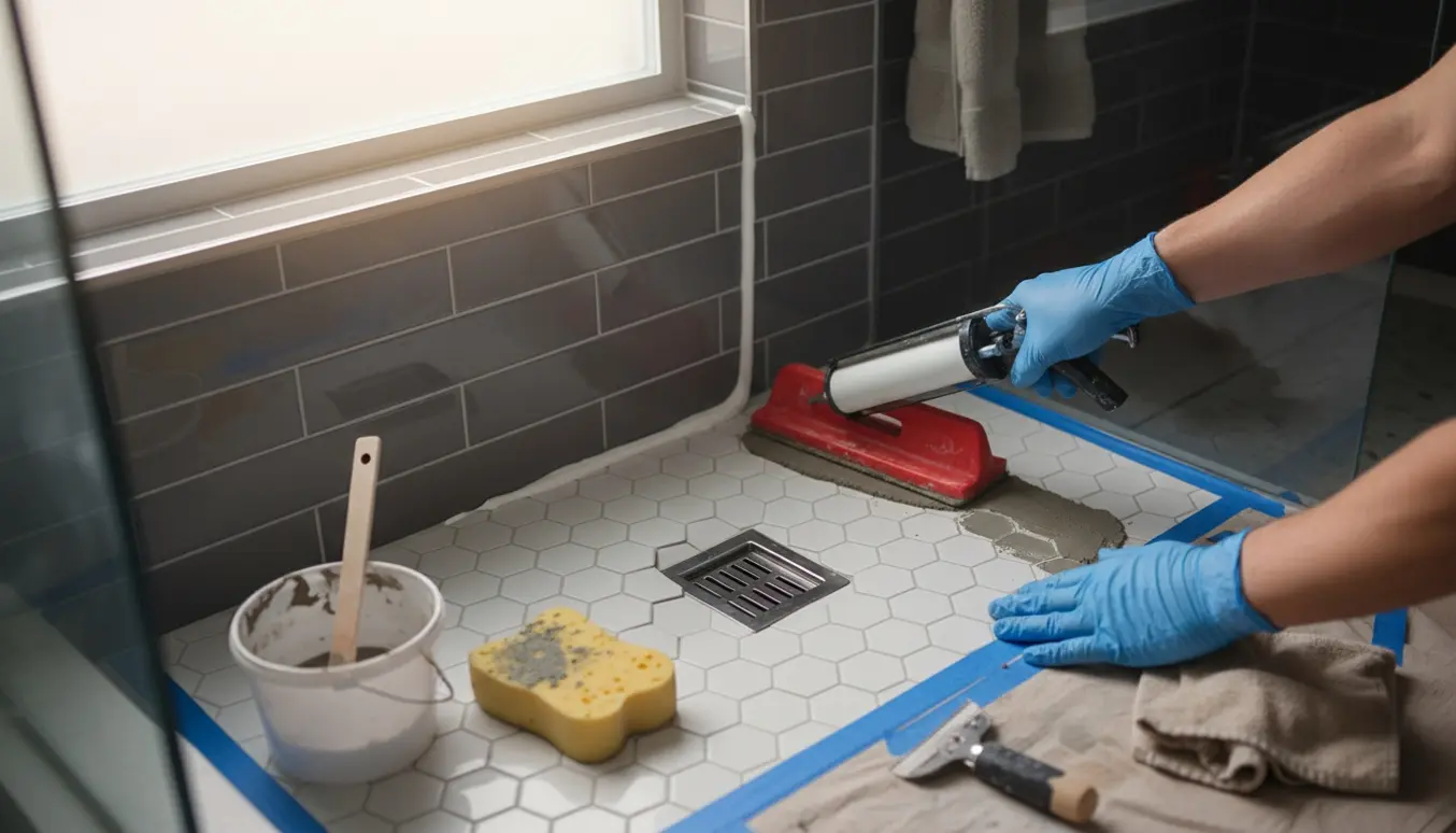 Nærbillede af hænder, der udskifter gulv- og kantfuger i en bruseniche med fugeværktøj og frisk mørtel.