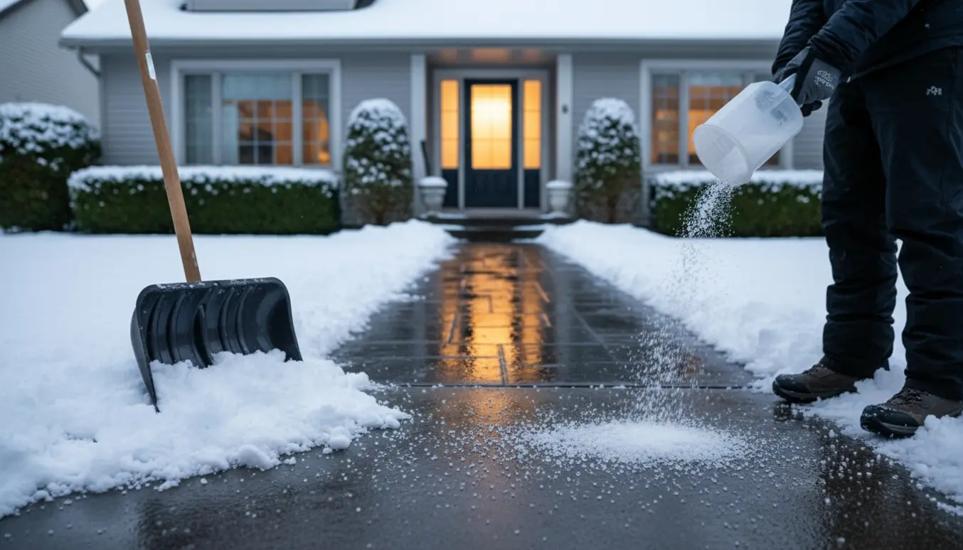 Rydning af sne og saltning af fortov og sti op til hoveddøren med skovl og saltspreder.