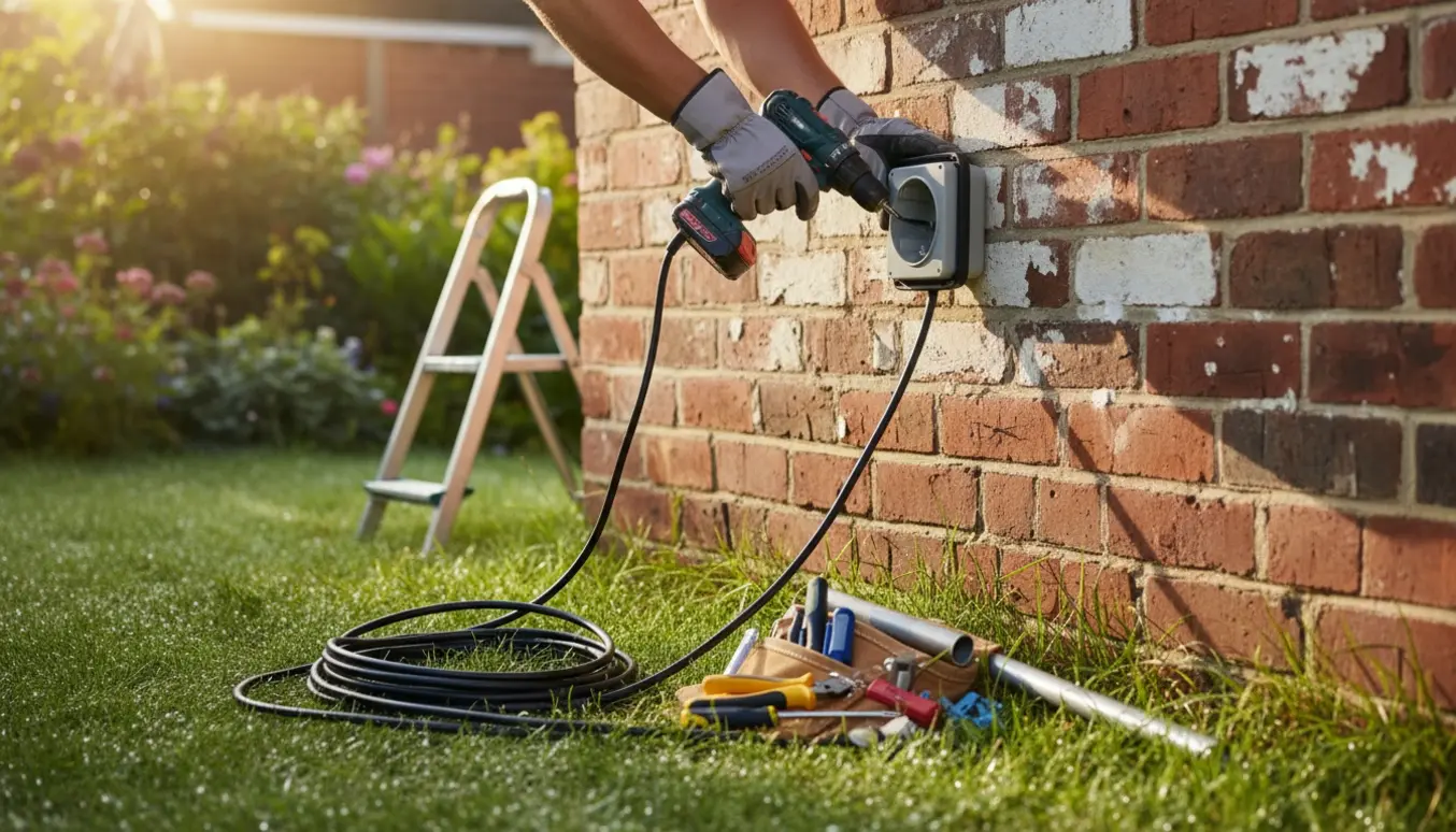Hænder installerer en vejrbestandig udendørs stikkontakt på husmuren med kabel og værktøj.