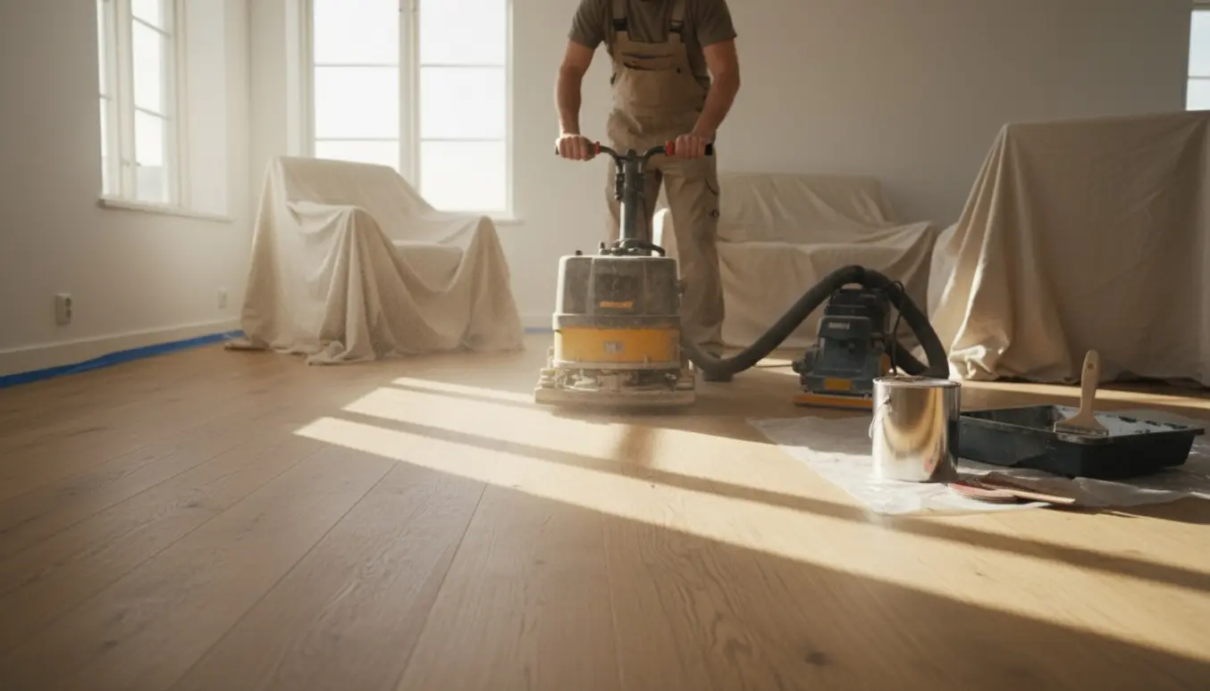 Slibning af trægulv i lys lejlighed med slibemaskine, støvsuger og lakudstyr klar.