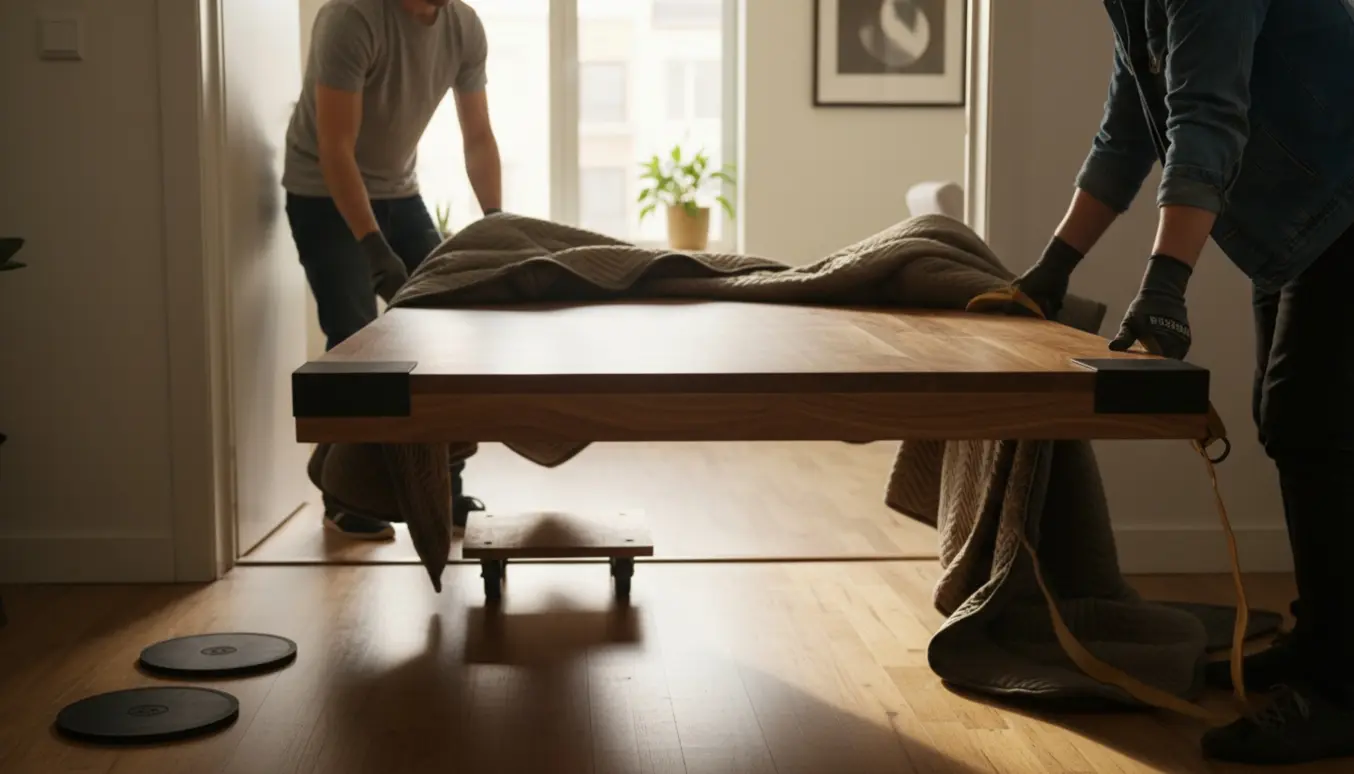 To personer bærer en tung, lang bordplade gennem en smal døråbning med flyttestropper og beskyttelsestæpper.