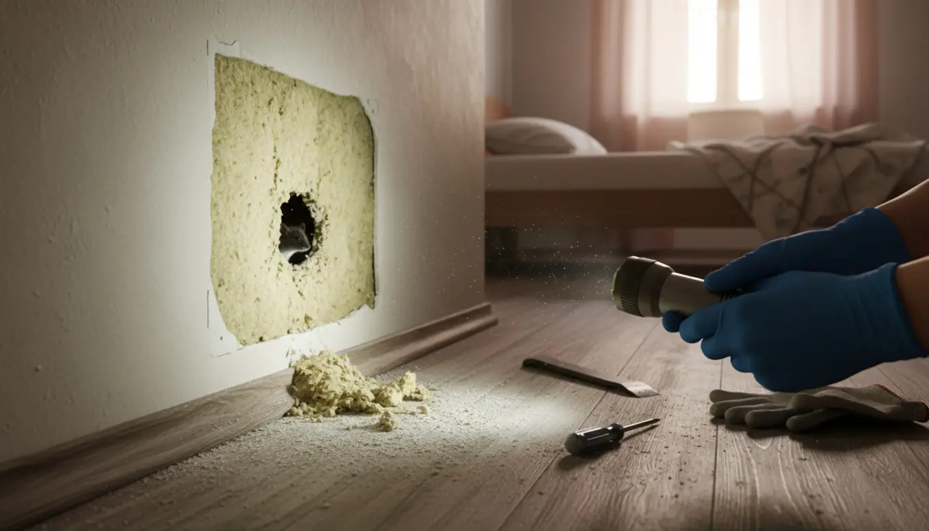 Soveværelse med åben væg, udgravet Rockwool og et lille musehul badet i morgenlys.