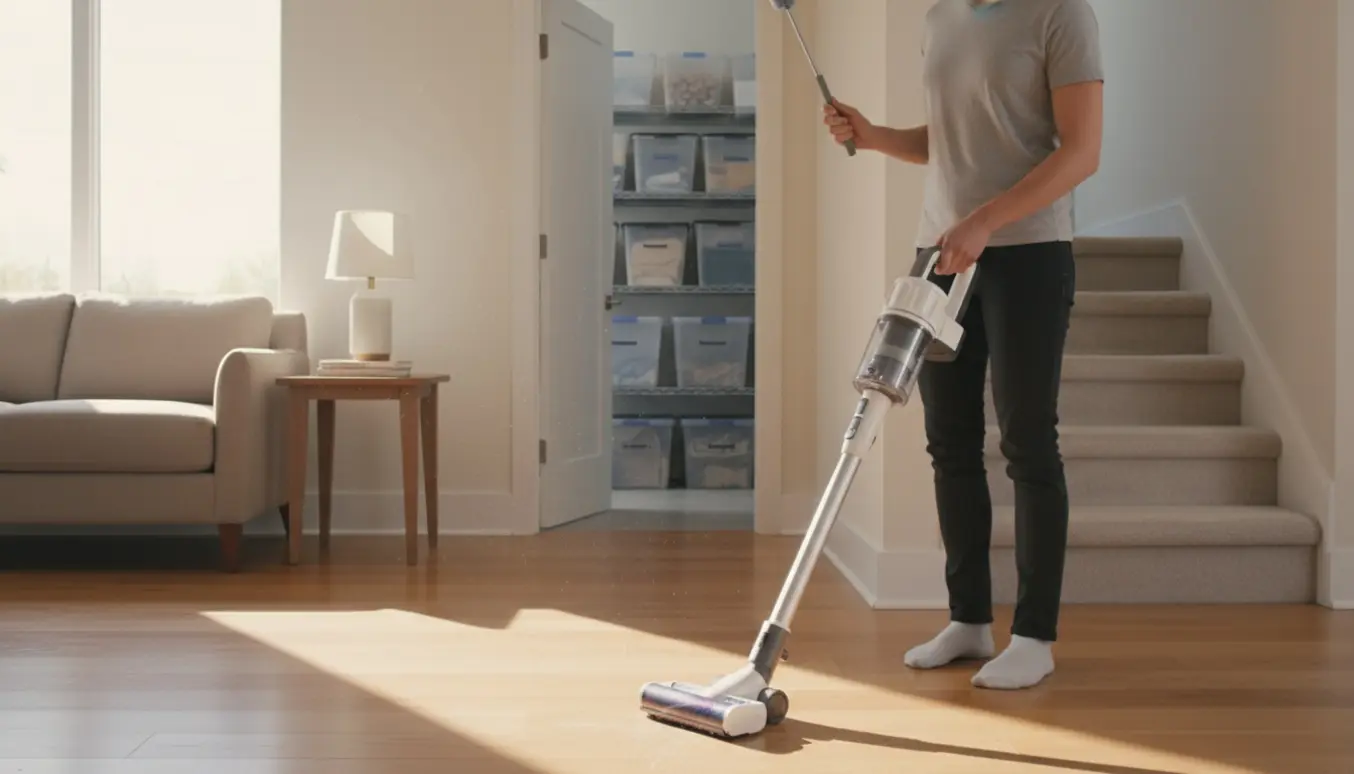 Hænder støvsuger en lys stue og fjerner spindelvæv fra loftshjørnet med forlængelsesmundstykke.