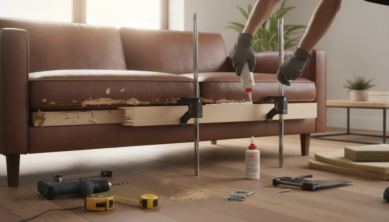 Lædersofa med brækket træsokkel under reparation med klemmer og værktøj i et lyst rum.