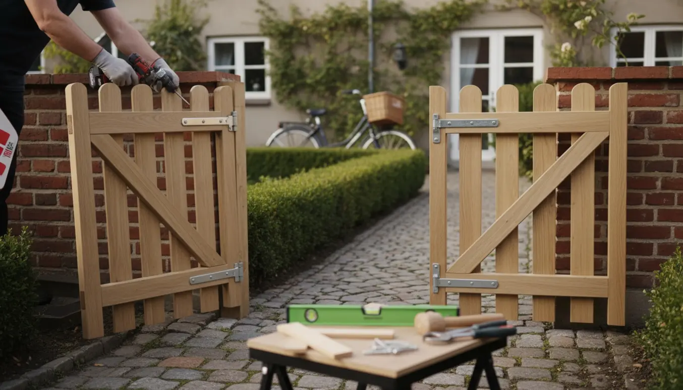 Hænder monterer en ny træhavelåge ved siden af en gammel hængende låge i en dansk have.