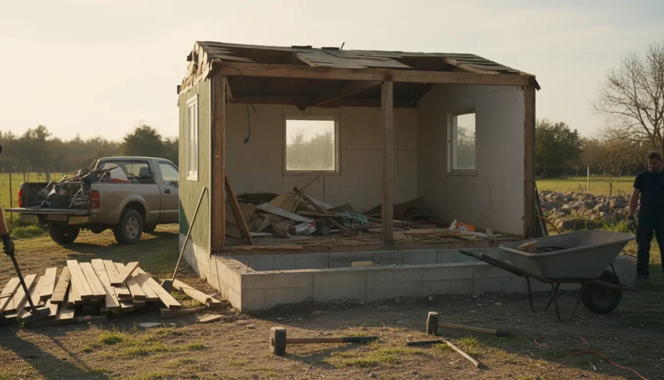 Delvist nedrevet kolonihavehus på intakt fundament med bunker af træ klar til bortskaffelse.