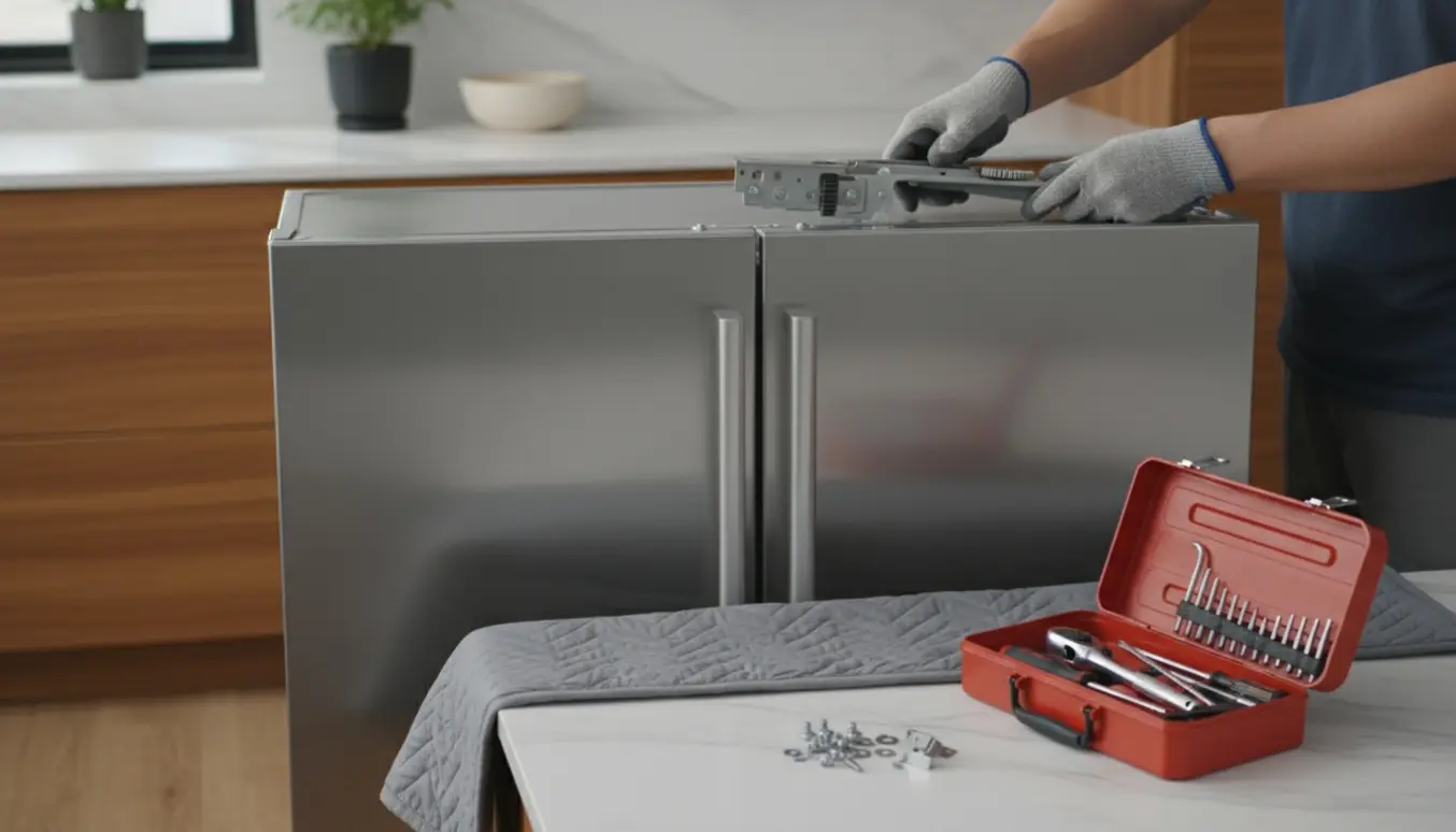 Hænder ved at vende køleskabslåger i et lyst køkken med skruer og værktøj på bordet.