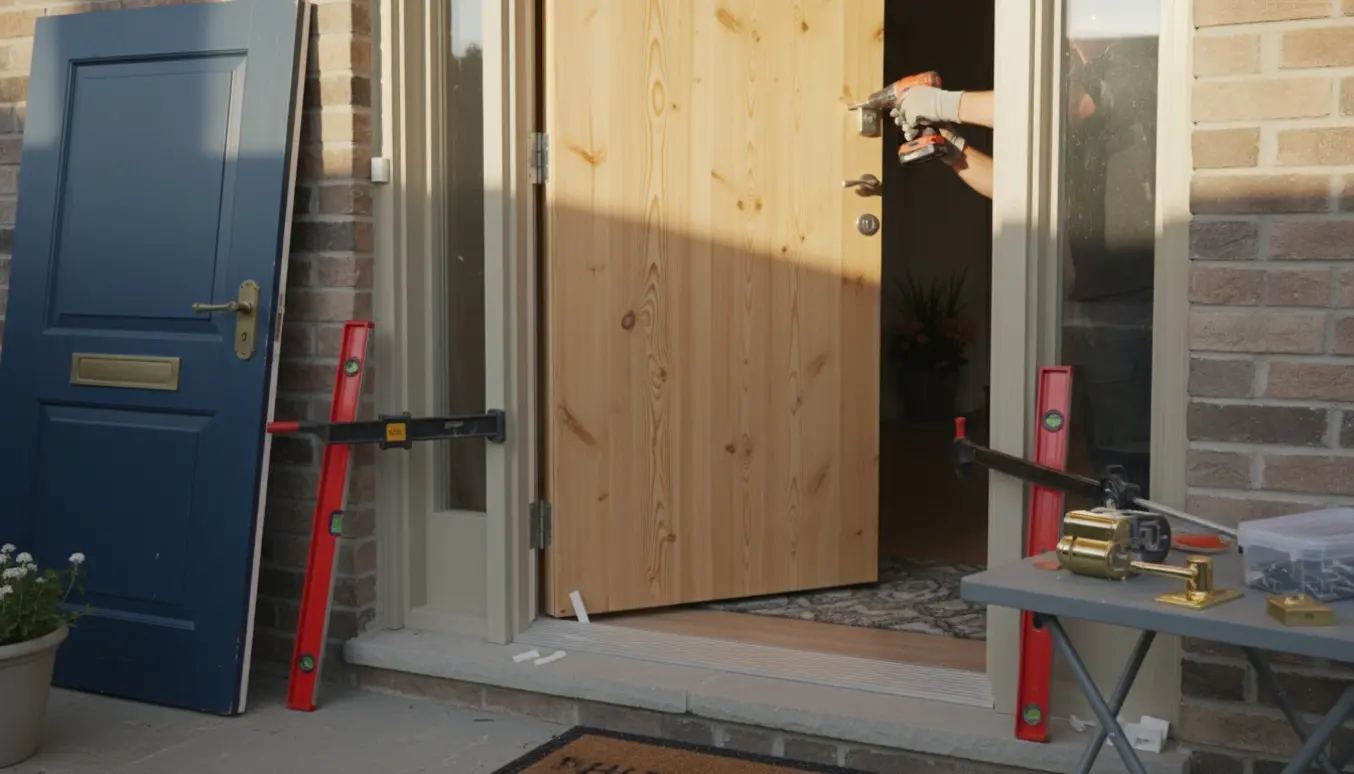 Installatør monterer en ny hoveddør med karm og lås ved husets indgang, værktøj og materialer samlet på trinet.