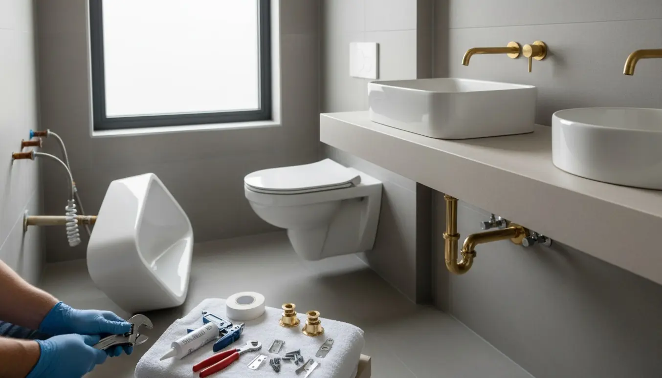 Installatør monterer nyt toilet og to håndvaske med messingafløb i et lyst badeværelse.