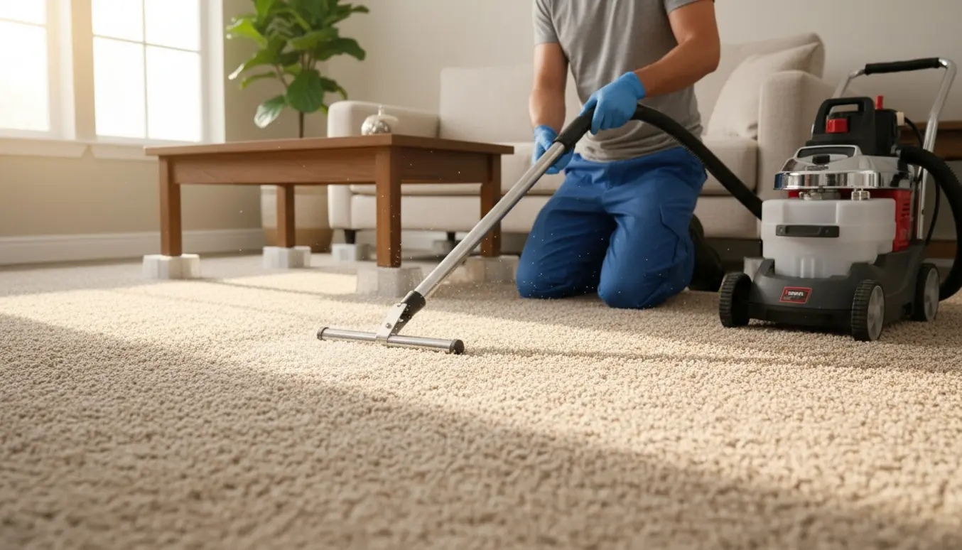 Professionel tæpperens i en lys stue med ekstraktionsmaskine og synlig forskel mellem rent og snavset gulvtæppe.