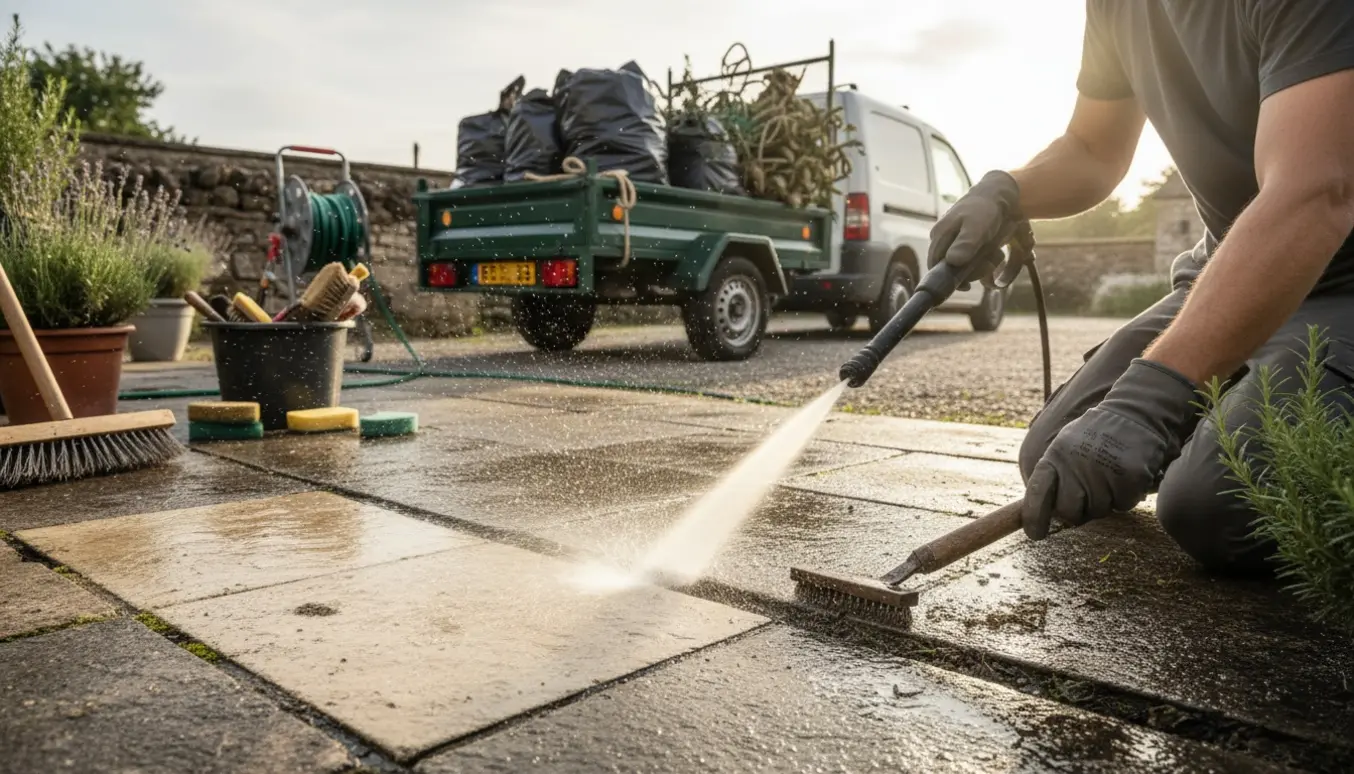 Terrassefliser renses med højtryksrenser og børste, med en trailer fyldt med haveaffald i baggrunden.