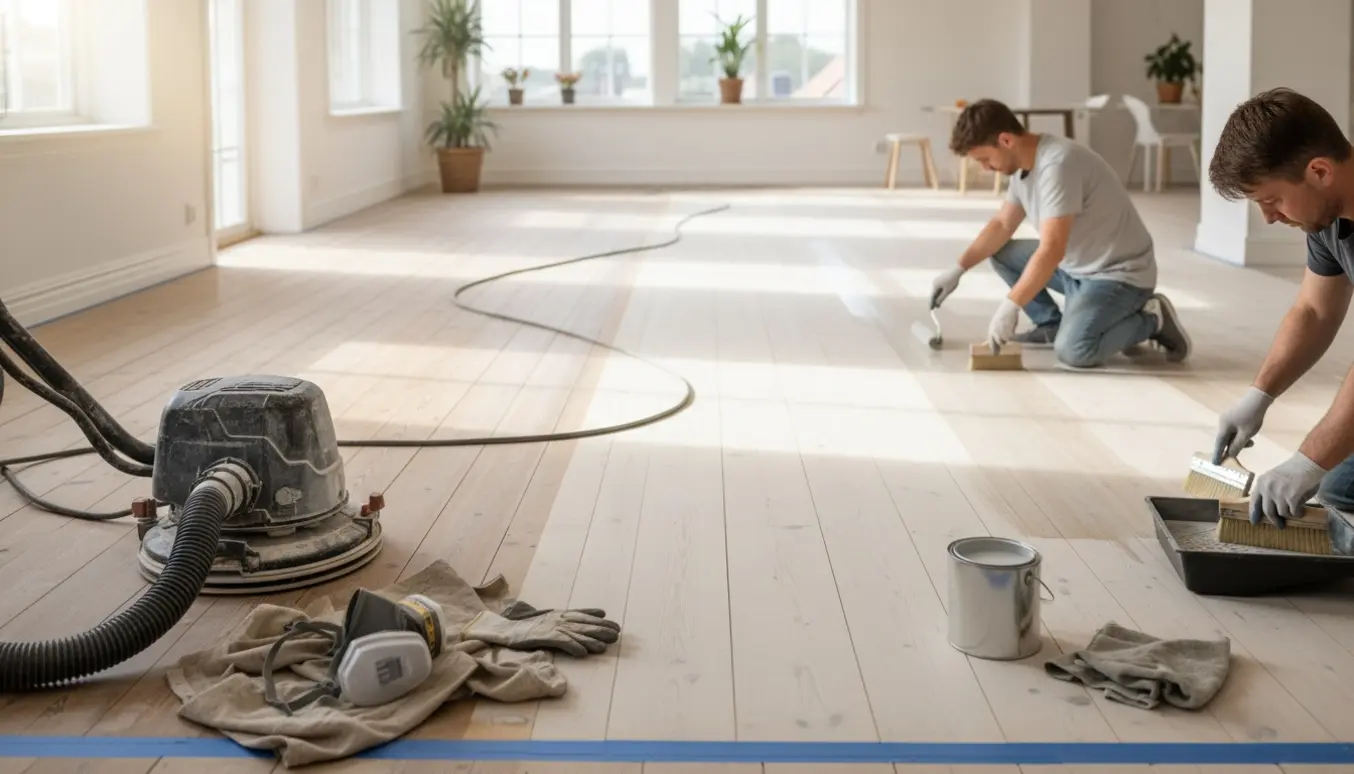 Lyst rum med delvist slebet trægulv, slibemaskine, børste og rulle klar til lud og to lag mat lak.