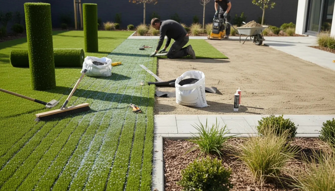 Kunstgræs rulles ud og lægges i en rummelig baghave med værktøj og fyldmateriale klart.