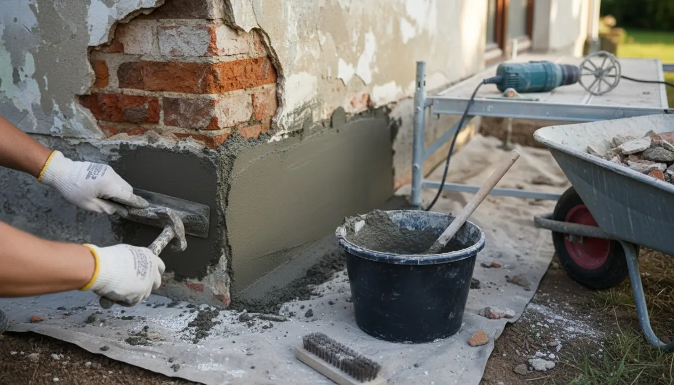 Nærbillede af sokkelreparation med hænder, frisk mørtel og værktøj ved husets fundament.