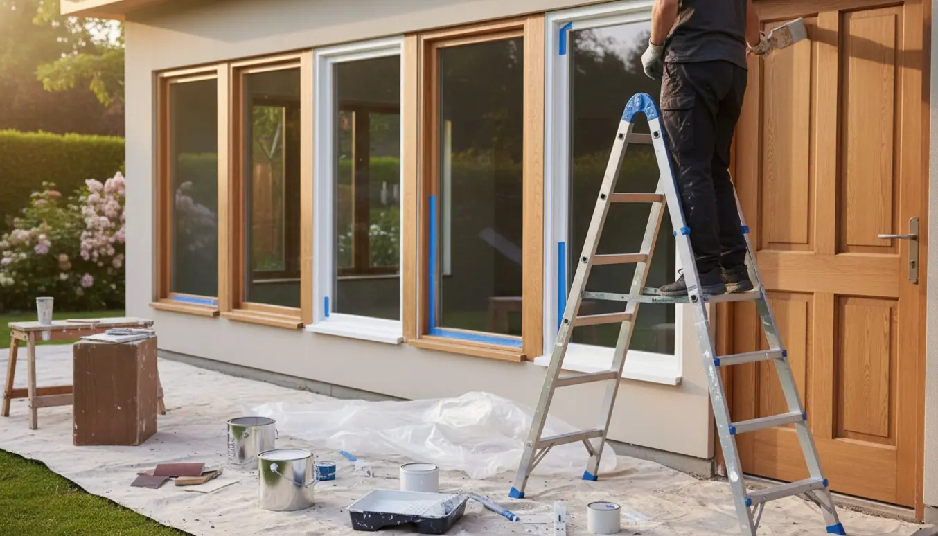 Udendørs maler arbejder fra en stige med pensel på fem store kvadratiske vinduesrammer og to døre.