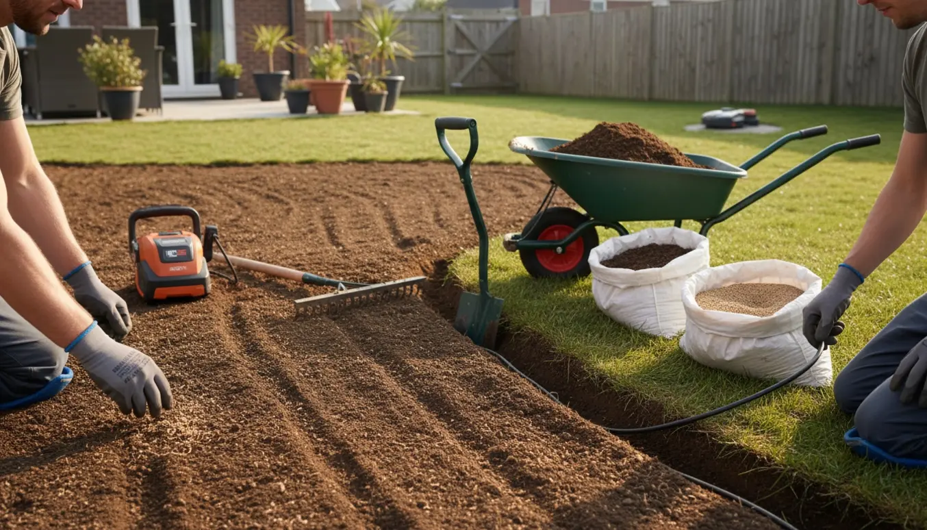 En baghave hvor en nysået græsplæne anlægges, og en rende graves for at lægge kabel til en robotplæneklipper.