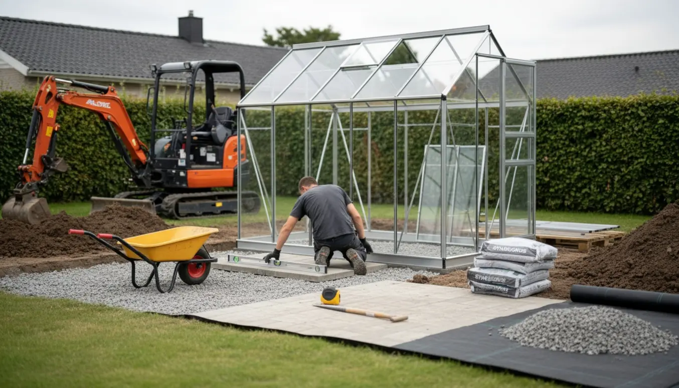 Delvist opbygget kompakt drivhus med minigraver, stabilgrus, ukrudtsdug og fliser på en forberedt grund.