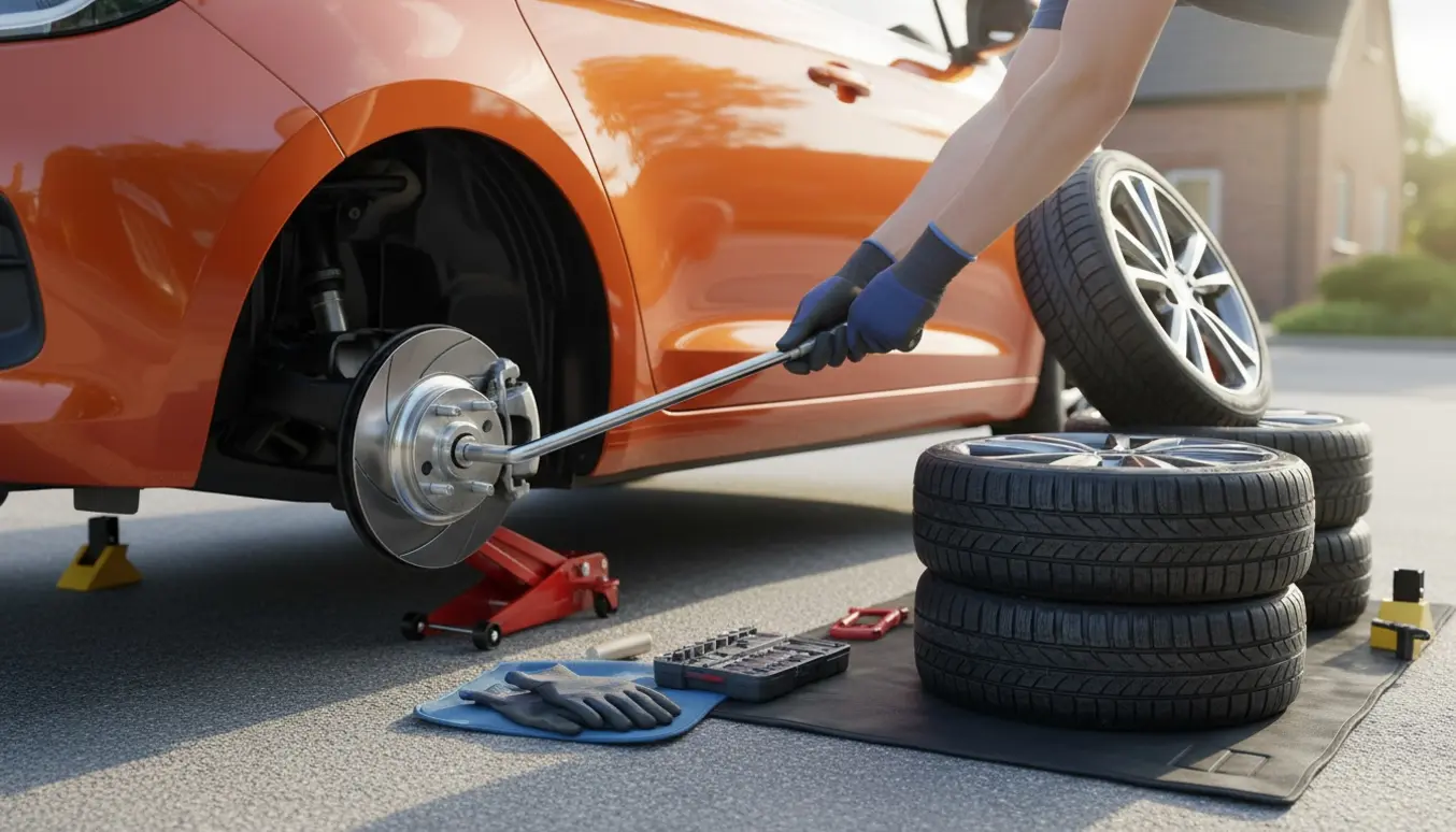 Kompakt bil løftet med forhjul fjernet, værktøj og et komplet hjulsæt stablet ved siden af.