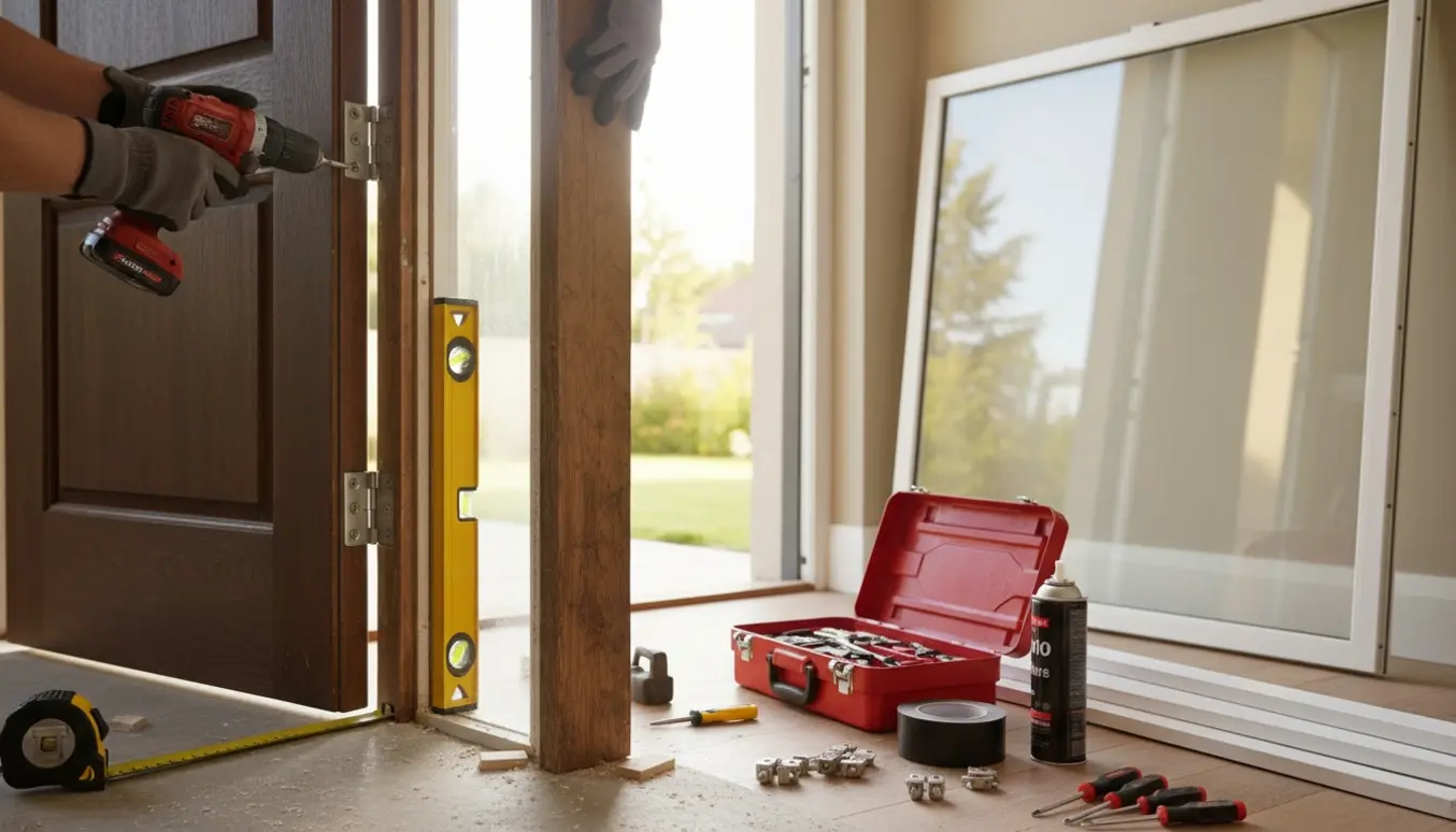 Håndværker monterer en ny hoveddør og en glas terrassedør i et lyst, ryddeligt indgangsparti.