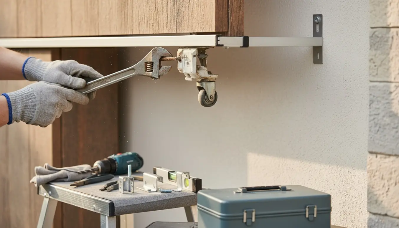 Nærbillede af reparation af en topophængt skydedør med handsker, værktøj og udskiftet hængsel uden synlige ansigter.