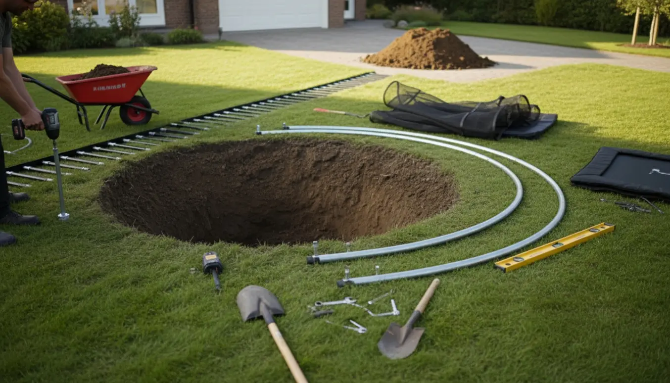 Udgravning til nedgravet trampolin ved plantekasser med jord på køreplader og samlede trampolinedele ved siden af.