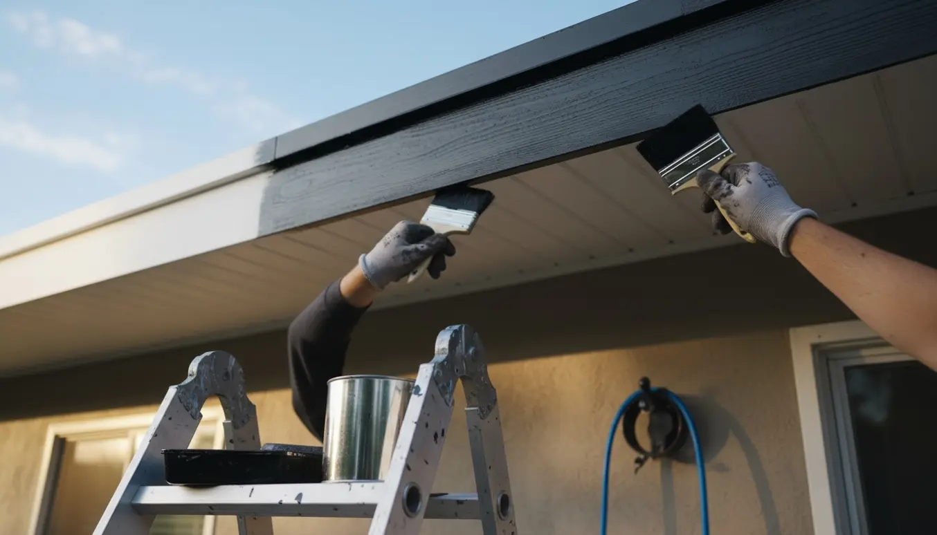 En maler på stige maler sorte vindskeder med en pensel og hvide udhæng på et hus, set i naturligt dagslys.