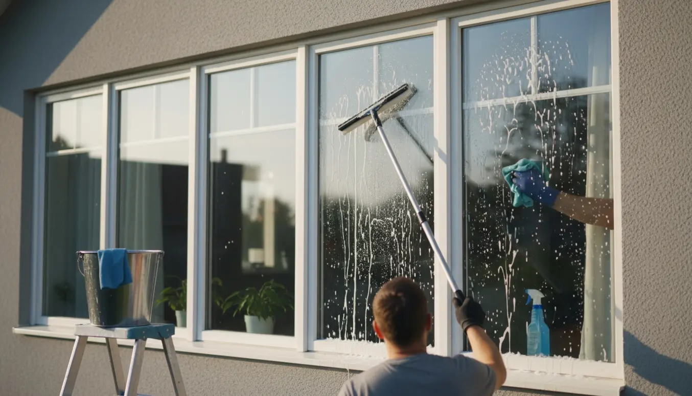 Udvendig vinduespudsning med svaber og spand, indvendig aftørring synlig gennem ruden på et hus med mange vinduer.