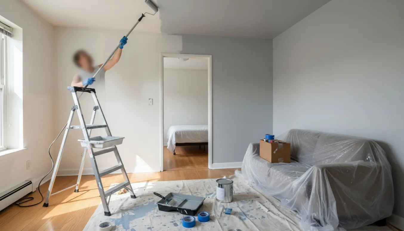 Malearbejde i en lille toværelses lejlighed med stige, malerværktøj og nymalede vægge og lofter.