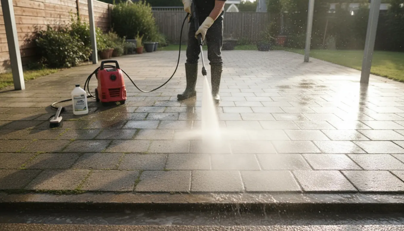 Fliser renses med højtryksrenser i en have/carport, med en tydelig ren- og uren stribe.