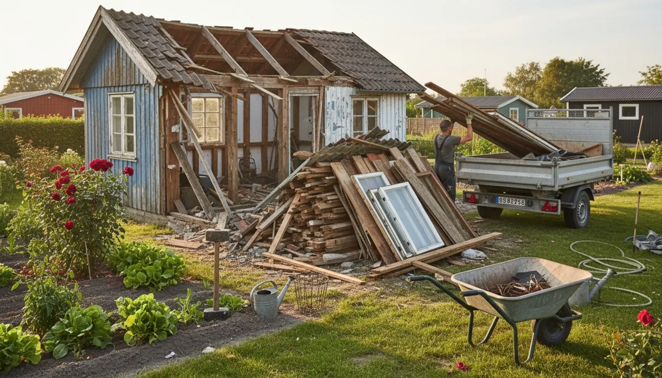 Gammelt kolonihavehus under nedrivning, træ og murbrokker læsses på en trailer.