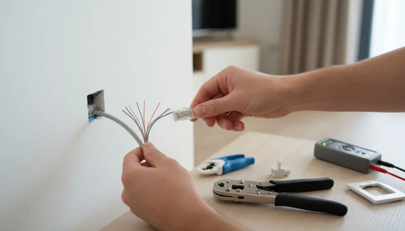 Nærbillede af hænder, der monterer RJ45-stik på et netværkskabel ved en vægudtag med crimp-værktøj og kabeltester.