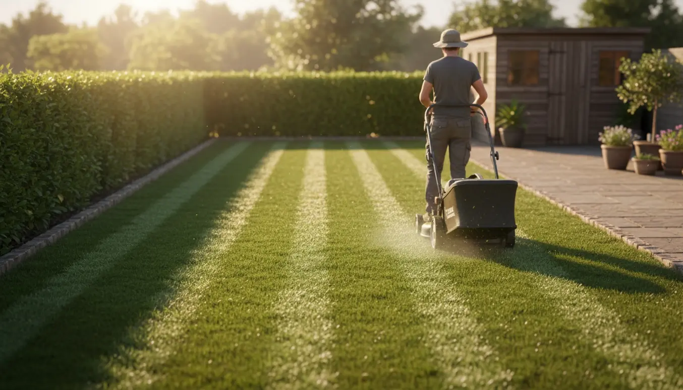 Bagfra set plæneklipper i aktion på en solfyldt græsplæne omgivet af hæk.