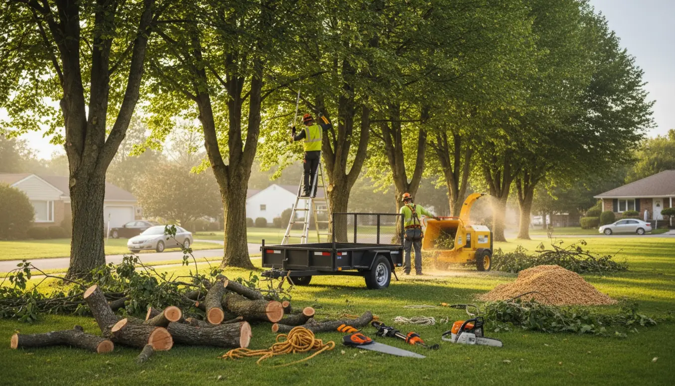 Professionel styning af seks træer omkring 9 meter med stakke af afskårne grene og en trailer klar til afhentning.